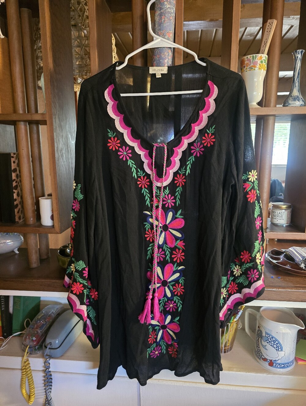 Velzera Black Embroidered Floral Tunic Top - Pink & Green Accents Small